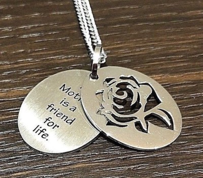 Mom Flower Necklace ''A Mother is a Friend for Life'' Silver Stainless Steel Rose