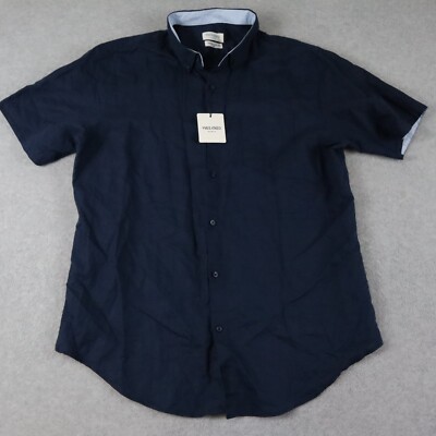 Yves Enzo Shirt Mens 3XL Chemise Linen Pocket Button Dark Blue Short Sleeve NWT