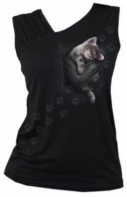 SPIRAL DIRECT POCKET KÄTZCHEN geraffte Schulter schräge Weste Top/Katze/Kätzchen/lustig/T-Shirt