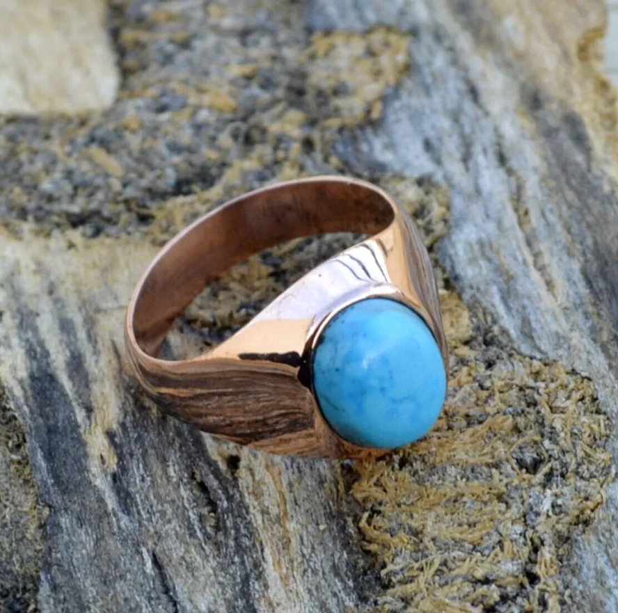 Natural Blue Turquoise Men's Ring Sterling Silver Handmade Gemstone Signet Rings - Image 2 of 4