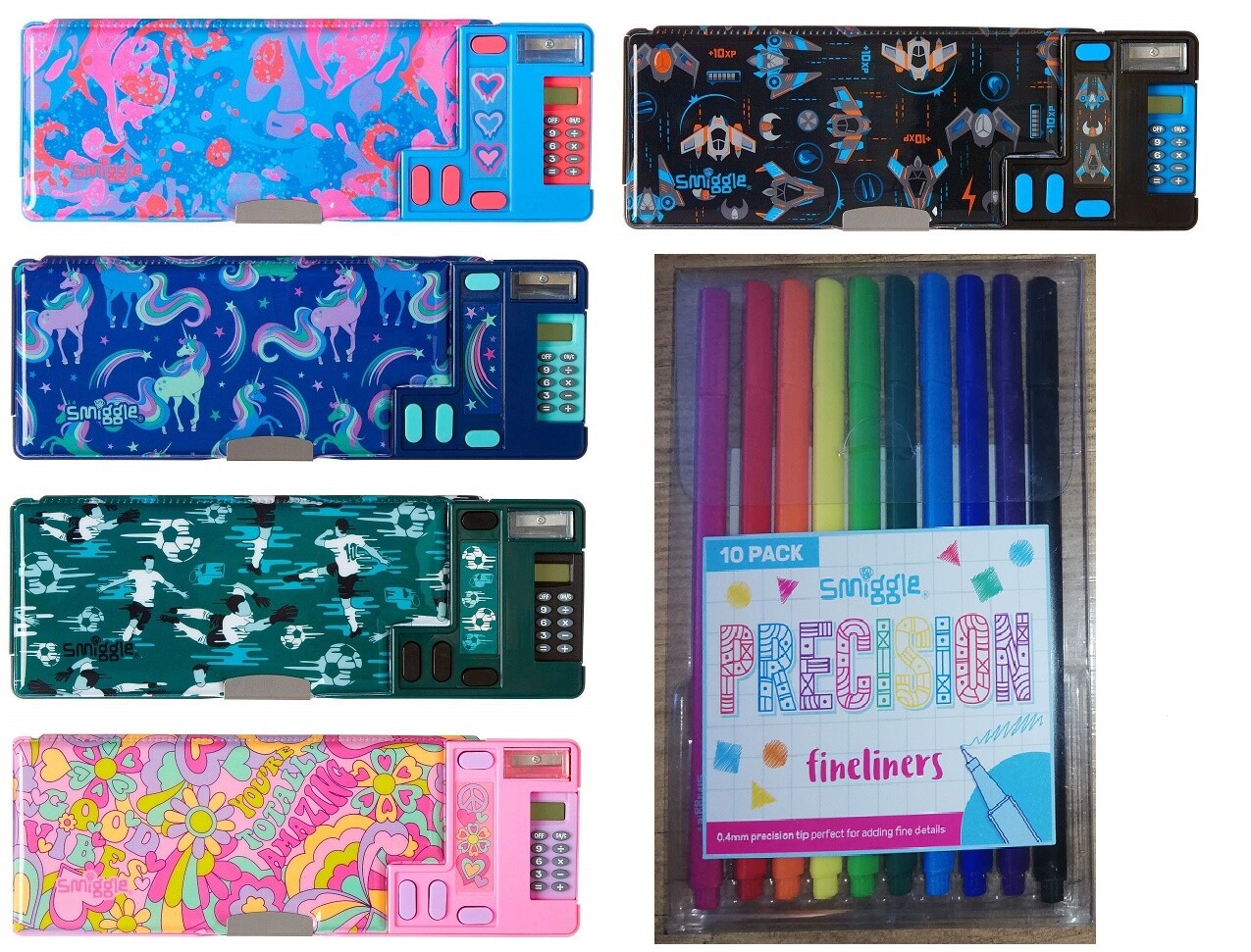 Smiggle Pop Out pencil case with calculator Football Unicorn space