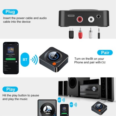 Bluetooth 5.1 Audio Receiver Wireless 3,5mm AUX NFC to 2RCA Jack Stereo Adapter