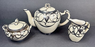 Antique Lenox Sterling Silver Overlay Porcelain Tea Set Teapot Creamer Sugar