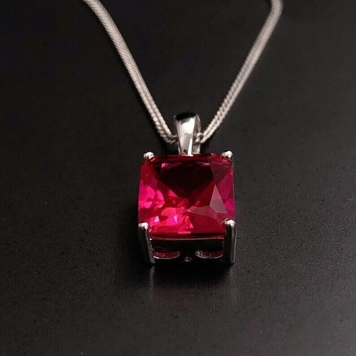 Ciondolo solitario diamante simulato rubino rosso taglio radiante 2 ct argent... - Foto 2 di 4