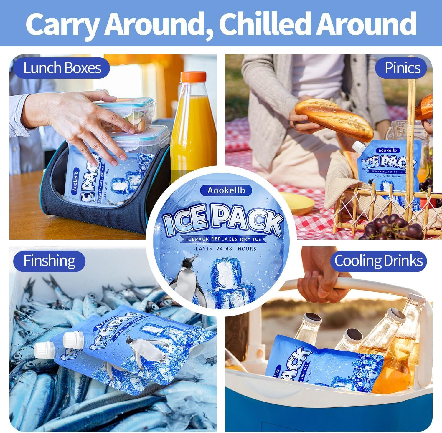 2024 Reusable Ice Packs for Cooler Aookellb Long Lasting Gel Freezer ...