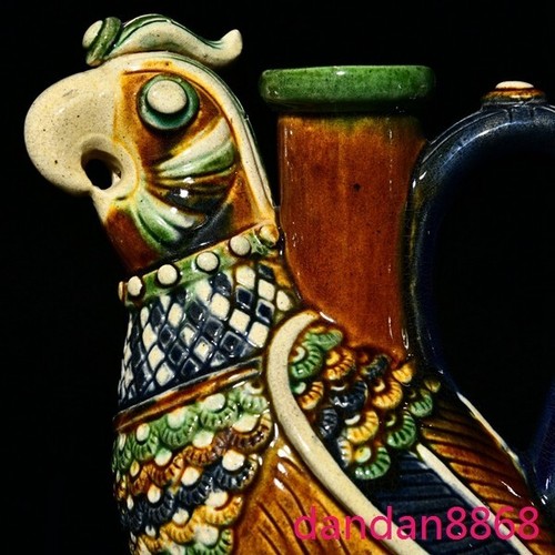 2024 Paire de statues 9" anciennes porcelaine de Chine tangsancai perroquet vin théière flagon crock