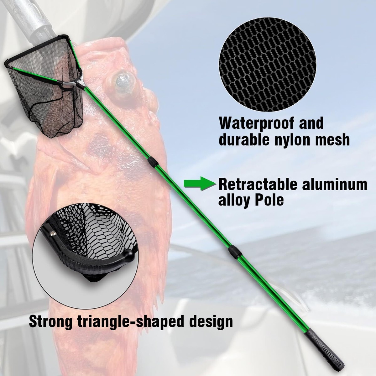 aluminum adjustable fishing net Landing with Telescoping Pole 59" Long Handle,Rubber Coated Nylon Mesh,for Steelhead,Salmon,Fly,Kayak,Catfish,Bass,Trout,Shrimp,Crab,for Easy Catch & Release,Extend to 59 Inch : Sports & Outdoors The small fishing net has squared edges SEASPRO Black Telescoping Fishing Net