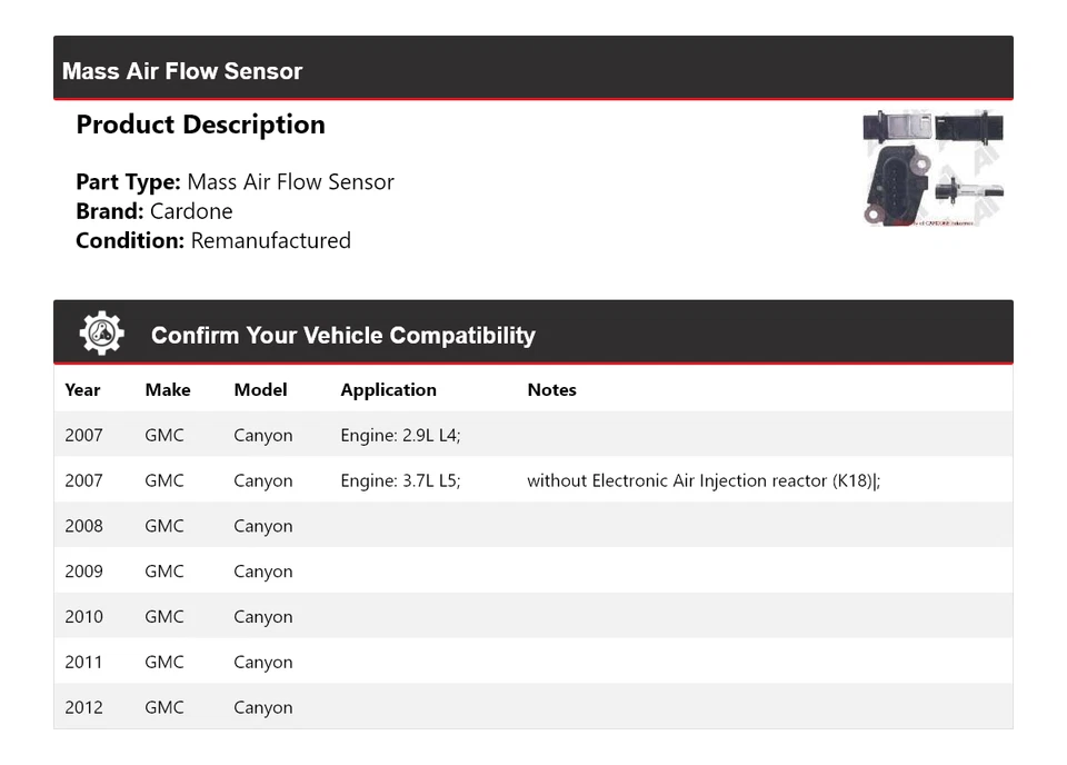 Sensor de fluxo de ar em massa Cardone 2008 2009 2010 2011 GMC Canyon 2007-2012 - Imagem 2 de 4