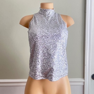 Curtain Call Sequin Top Womens Small Mock Neck Sleeveless Silver Dance Festival