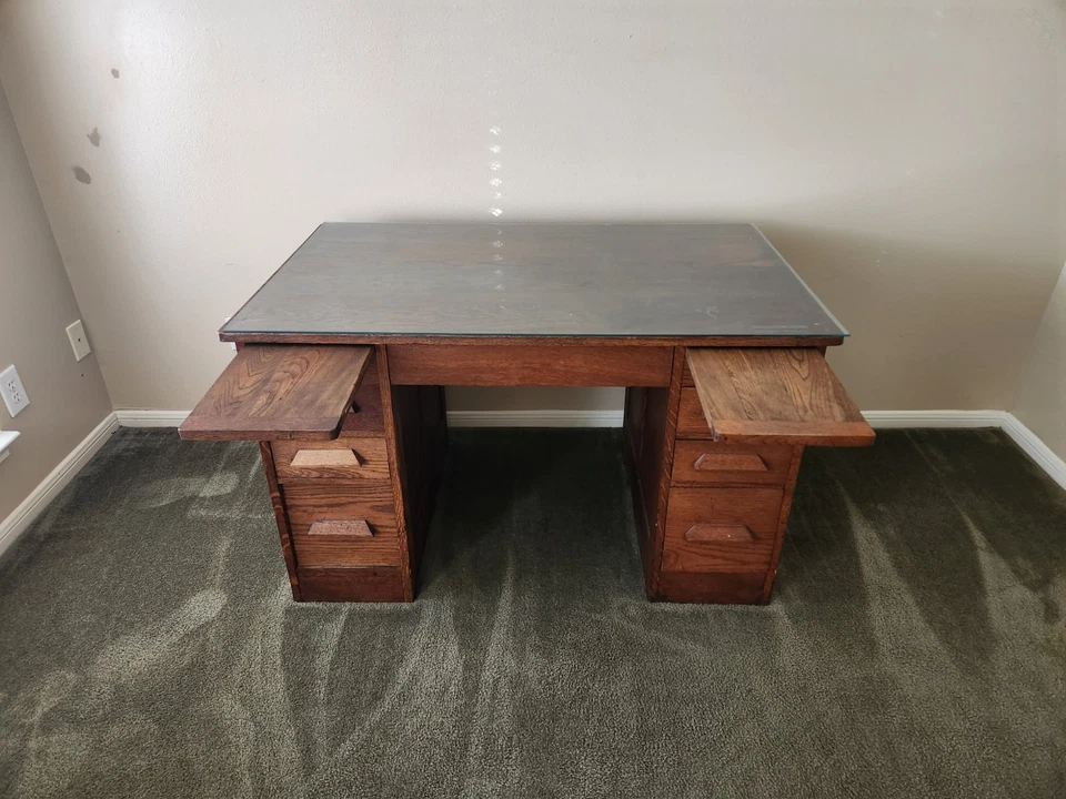 Solid Wood Desk With Writing Drawers And Custom-made Glass Top - Image 2 of 3