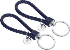 Braided Leather Keychain with Stainless Steel Key Ring Sleeves, PU Woven Wristle