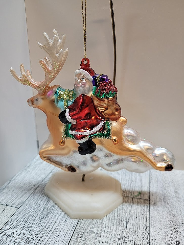 New! Hand Blown Glass Reindeer With Santa in Sleigh Ornament 5