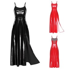 Womens Gothic Dress High Split Skirt Raves Maxi Dress Push-up Bra Wet Look