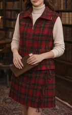 Vintage David Brooks 2 Pc Mini Wrap Fringe Skirt Set Vest Red Tartan Plaid Sz 8
