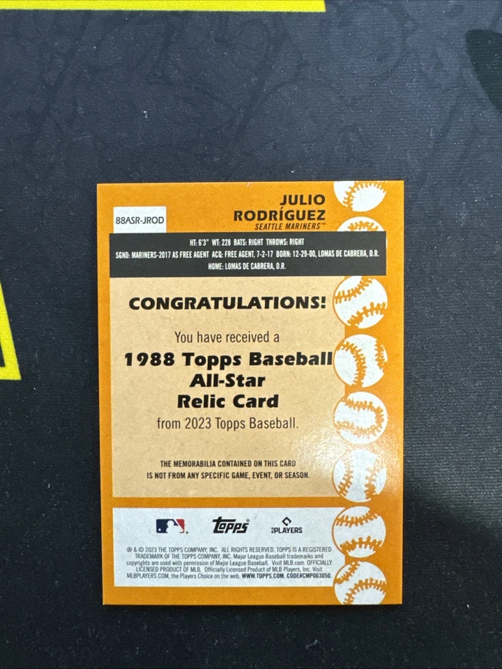 2023 Topps Series 2 - 1988 Topps All-Star Relics Julio Rodriguez #88ASR-JROD - Image 2 of 2