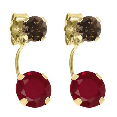 2.62 Ct Round Red Ruby Brown Smoky Quartz 14K Yellow Gold Earrings