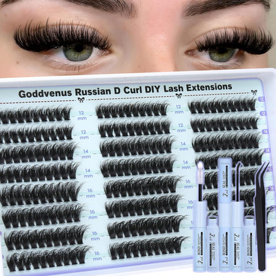 Lash Clusters Kit with Glue, Wispy Fluffy D Curl DIY Eyelash Extensions 12-16mm