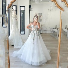 A-line Elegant Wedding Dresses 3D Flowers A-line Spaghetti strap Floor Length