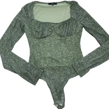 Lulus Bodysuit Womens Medium Green Major Aesthetic Sage Green Ditsy Floral Mesh