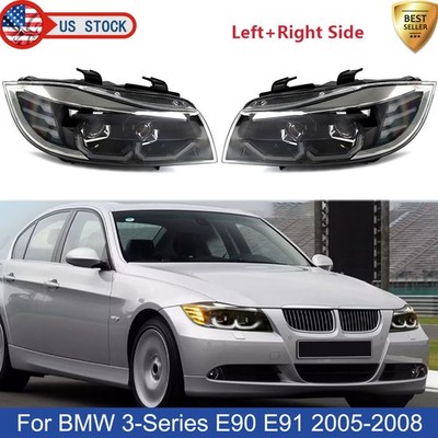 For BMW 3-Series E90 2005-2008 White LED 3D Crystal U-Halo Black Front Headlight
