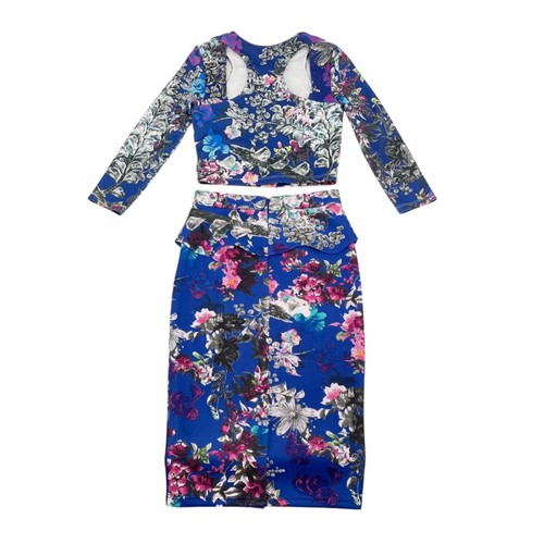 bebe Two Piece Floral Peplum Skirt Cutout Top Scuba Knit Set Womens Size Small - Picture 2 of 11
