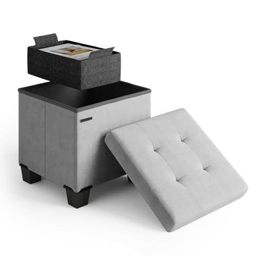 Storage Ottoman Cube with Small Bin, 15-in 15"D x 15"W x 17"H 01 - Light Grey - Picture 1 of 7