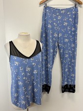 SOMA 2 Pc Pajama Set Sz Large Top Medium Pants Blue Floral Stretch