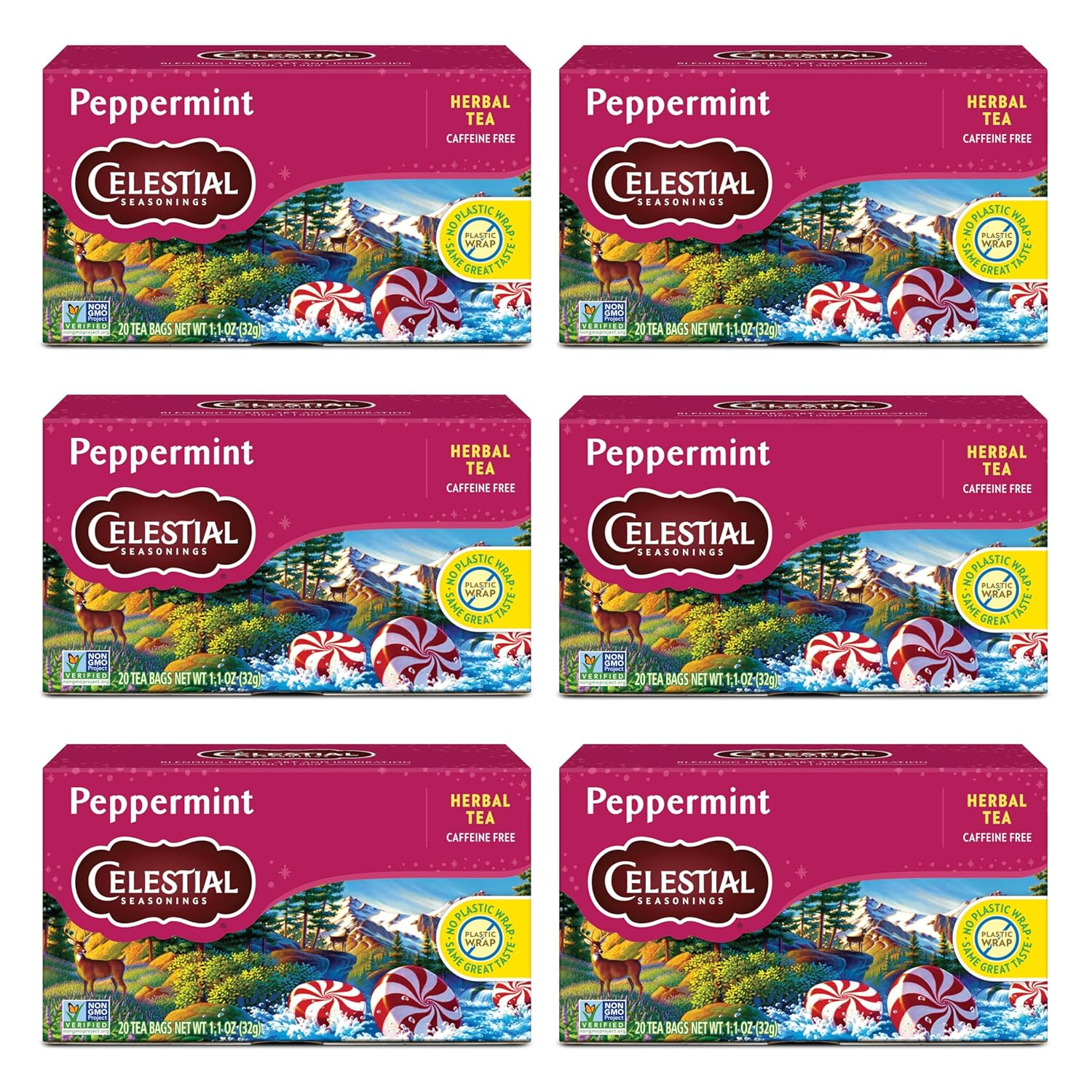 Celestial Seasonings Peppermint Herbal Tea, Caffeine Free, 20 Tea Bags Box (Pack