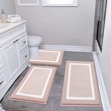 Pauwer Dusty Pink 3Pcs Non-Slip Microfiber Bath  Shower Rug Set w/ U-Shaped Mat