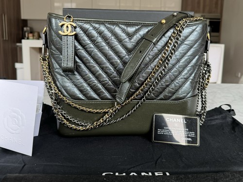 CHANEL Gabrielle Medium Hobo Chevron Aged Calfskin Leather Shoulder Bag Shimmer