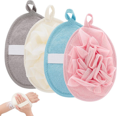 4 PCS Exfoliating Bath Sponges Soft Loofah Shower Scrubber with Elastic Hand Str