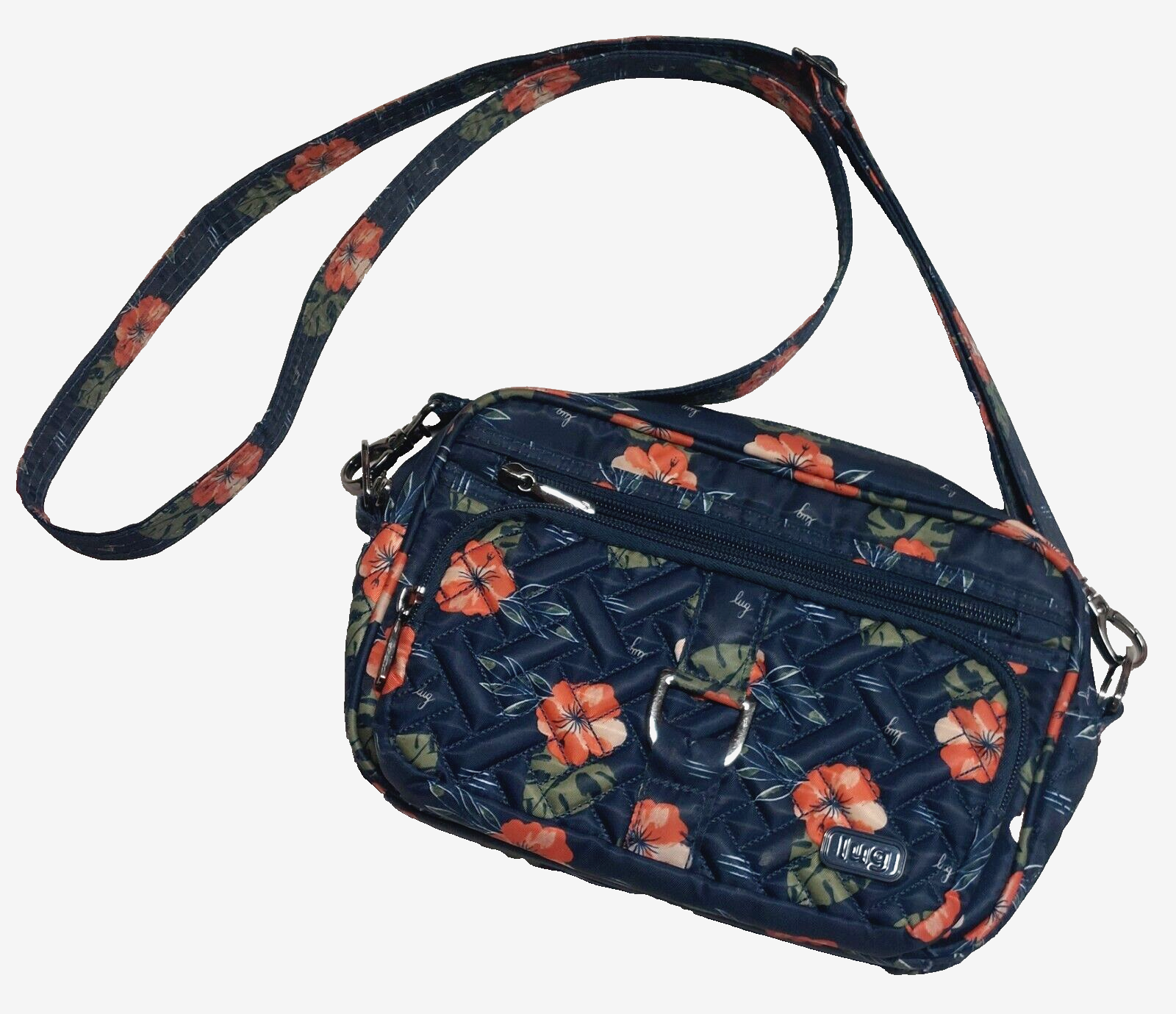 LUG Carousel Crossbody Convertible Handbag Navy Blue Hibiscus Aloha Floral
