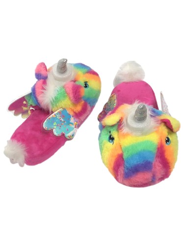 Girls Plush Rainibow Unicorn Slippers Pink & Green House Shoes Scuffs - Picture 1 of 2