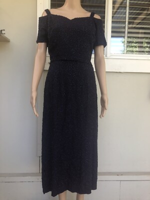 Vtg 40s Navy Blue Edwardian Mid Calf Beaded Cocktail Dress Ballgown 10 |  eBay UK