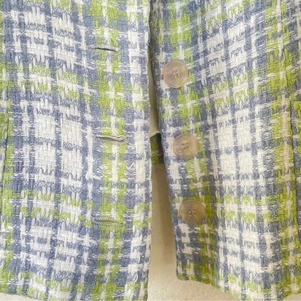 Blazer para mujer a cuadros de tweed de un solo pecho verde pastel azul blanco talla S Foto 3 de 4