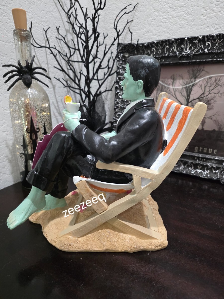Halloween SUMMERWEEN Frankenstein Lounging on Beach Holding Drink