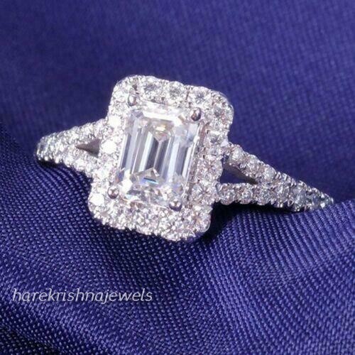 Lab-Created 2CT Emerald Cut VVS1 Diamond Halo Split Shank Ring 14K White Gold FN - Picture 1 of 5