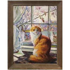 Mabel Greer Oil Painting of a Cat in the Window with Waterfront View