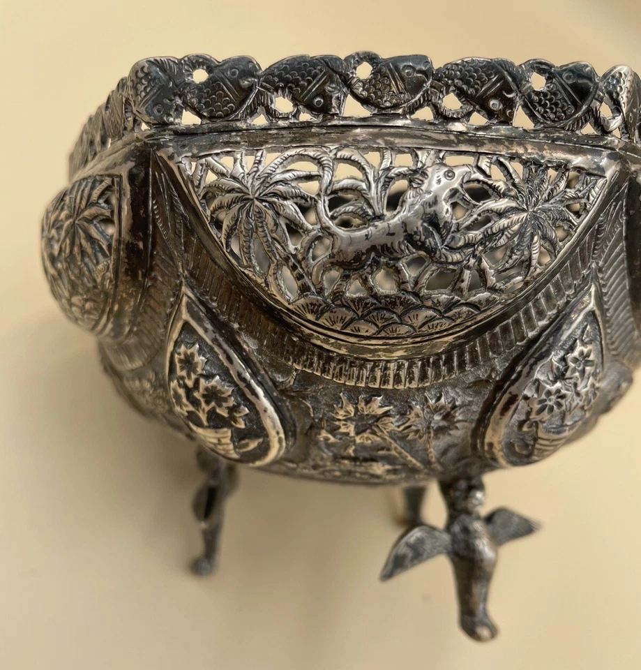 Antiguo cuenco fino indio asiático con patas de plata maciza perforado trabajo abierto 182 g Foto 3 de 4