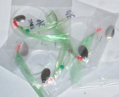5 GREEN FLASH  MYLAR BUCKTAIL FLUKE  RIGS W/ BEADS, 3/0 VMC  HOOKS FREE SHIPPING