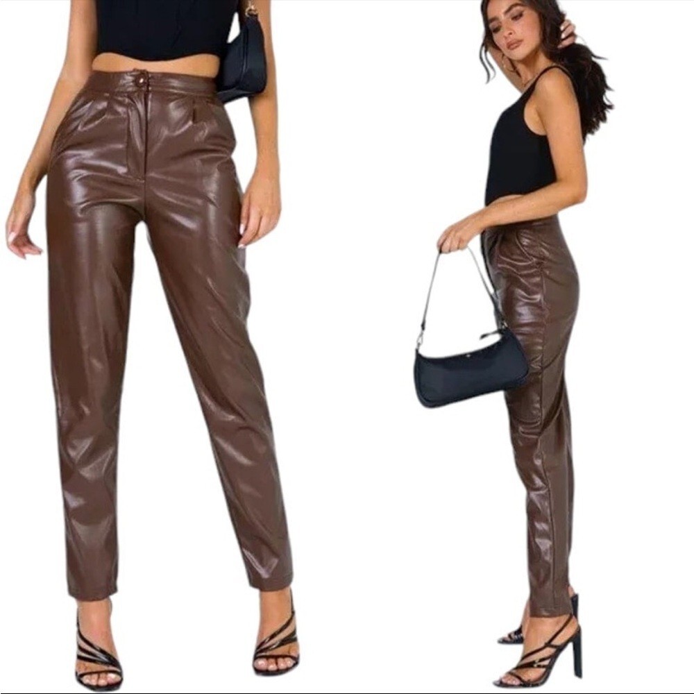 NWT Princess Polly Love Club Brown Vegan Leather Straight Leg Pants Size 4 NWT