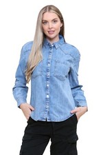 Ladies Denim Summer Shirt Button Long Sleeve Cotton Top Size 6 8 10 12 14 16 18