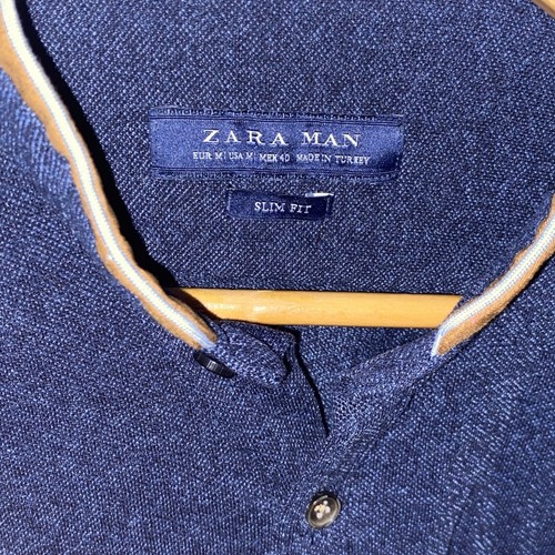 Zara Button Down Blue Shirt with Suede Style Elbow Patch Size M - Picture 2 of 6