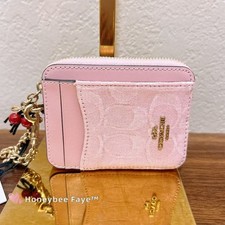 NWT Coach Zip Card Case In Signature Denim With Charm CFA35 Gold/Light Pink