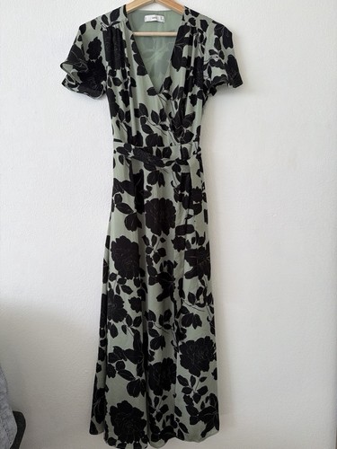 MNG Green/Black Floral Wrap Maxi Dress V-Neck Flutter Sleeve Chiffon XS