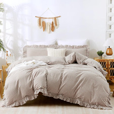 Tan Gingham Ruffle Duvet Cover Bedding Set Cotton like Linen, King 100 Washed