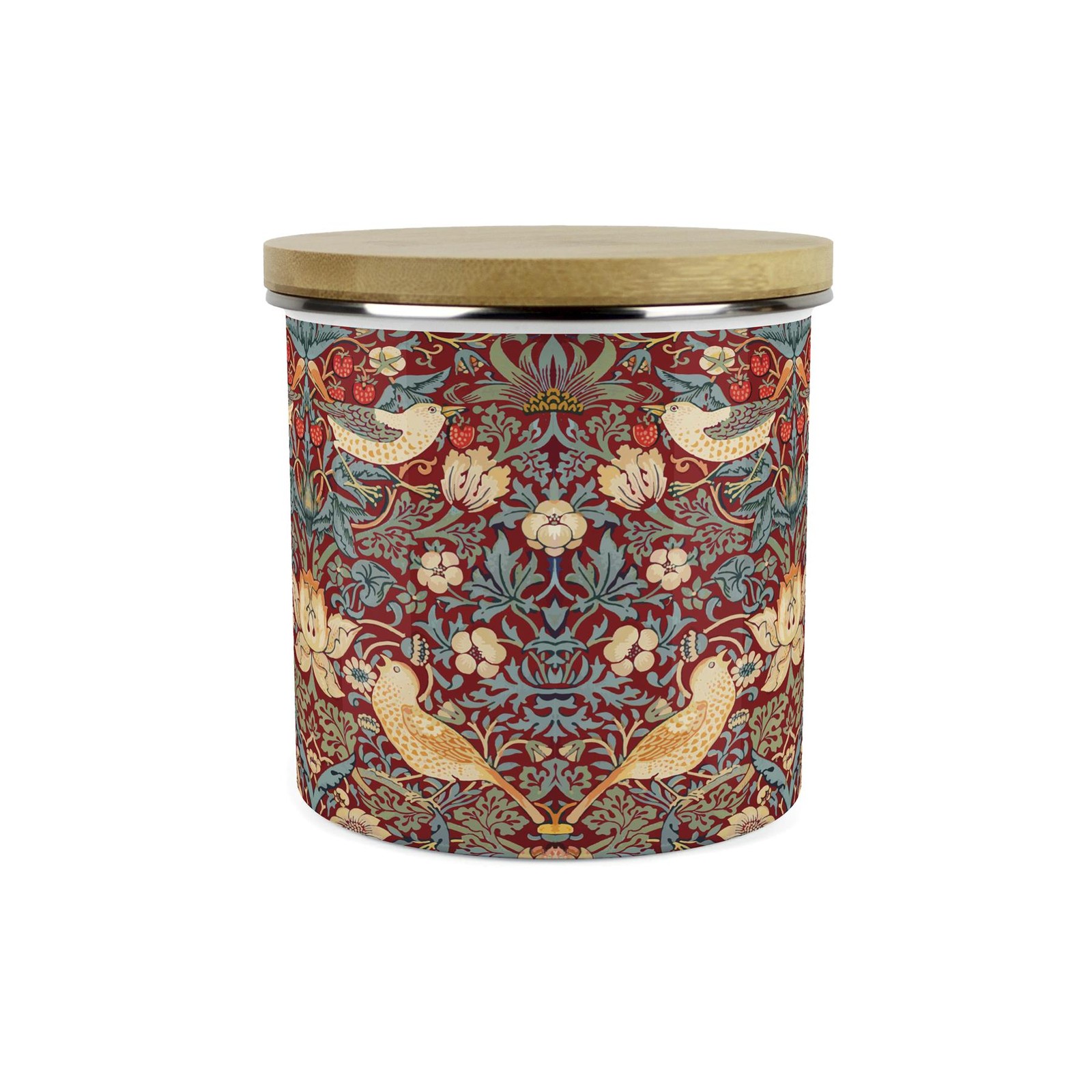 Red Strawberry Thief Kitchen Storage Canister - Enamel & Bamboo Container Jar