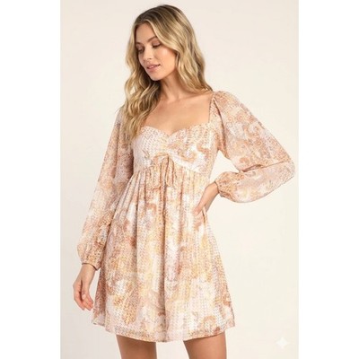 Lulus NWT Metallic Paisley Cottagecore Balloon Sleeve Mini Dress - M