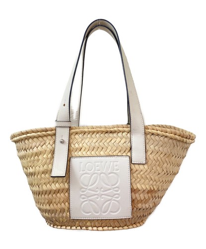 Loewe Basket Bag Handbag Tote bag Raffia Anagram Small White Women's Auth