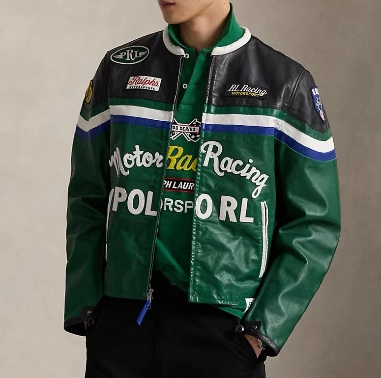 ジャケット・アウター ralph lauren RLX L Racer Leather Jacket Polo Ralph Lauren RL Racing Leather Jacket Motorsport Green XL